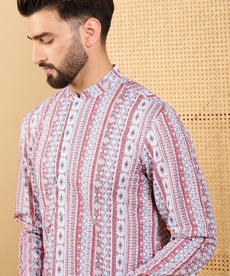 Men's white viscose rayon geometric embroidered straight chikankari kurta