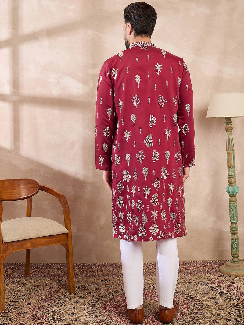 Men maroon silk blend solid embroidered straight kurta with trouser