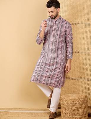 Men's white viscose rayon geometric embroidered straight chikankari kurta 3