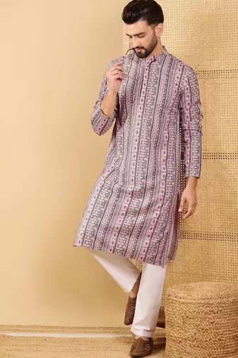 Men's white viscose rayon geometric embroidered straight chikankari kurta