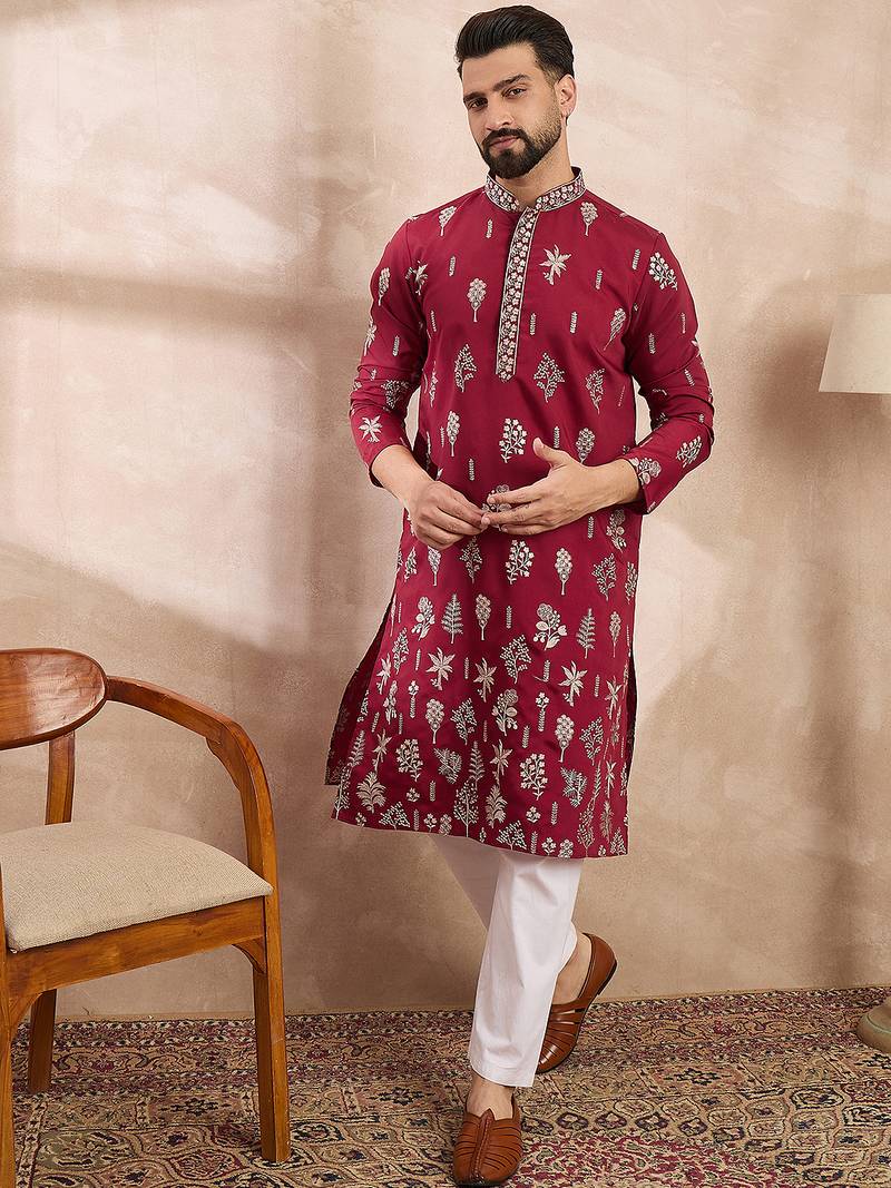 Men maroon silk blend solid embroidered straight kurta with trouser