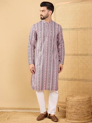 Men's white viscose rayon geometric embroidered straight chikankari kurta 1