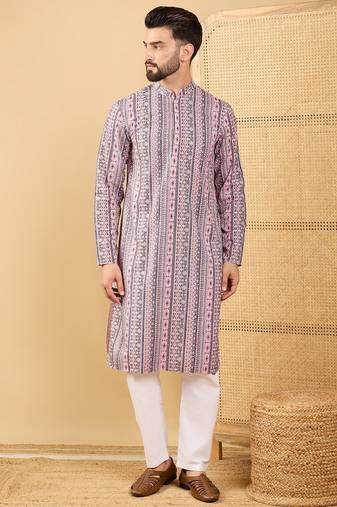 Men's white viscose rayon geometric embroidered straight chikankari kurta