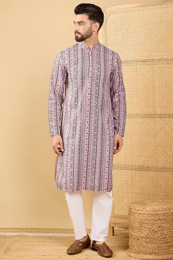 Men's white viscose rayon geometric embroidered straight chikankari kurta