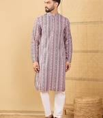 Men's white viscose rayon geometric embroidered straight chikankari kurta