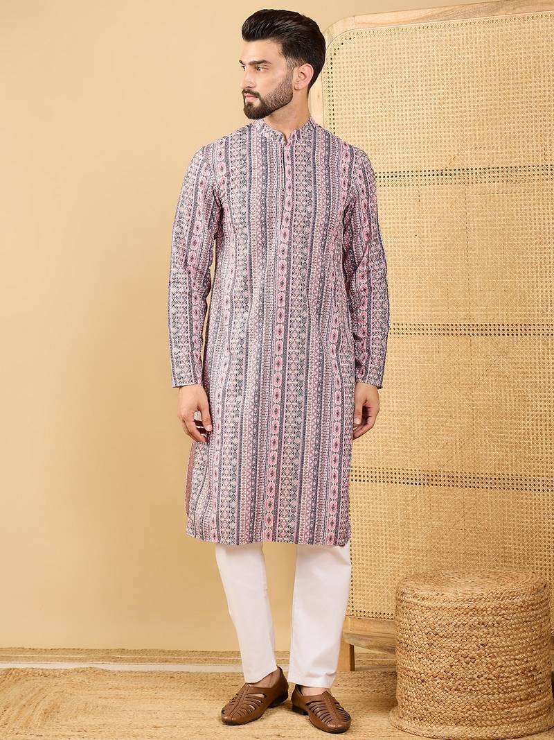 Men's white viscose rayon geometric embroidered straight chikankari kurta