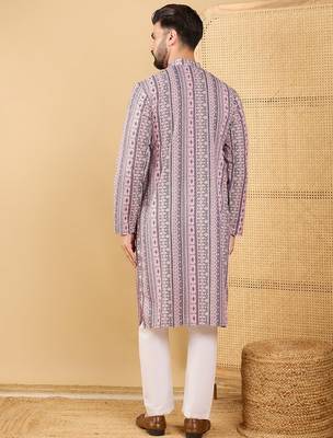 Men's white viscose rayon geometric embroidered straight chikankari kurta 4