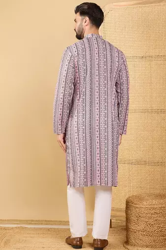 Men's white viscose rayon geometric embroidered straight chikankari kurta