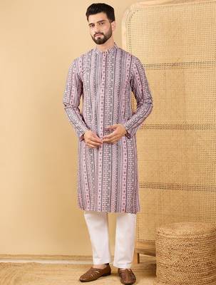Men's white viscose rayon geometric embroidered straight chikankari kurta 5