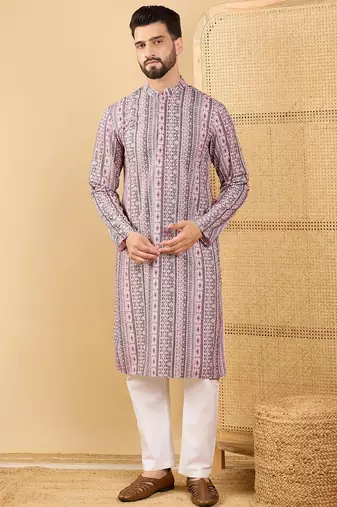 Men's white viscose rayon geometric embroidered straight chikankari kurta