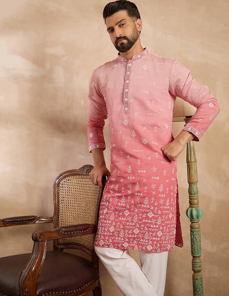 Men pink silk blend ombre embroidered straight kurta sets
