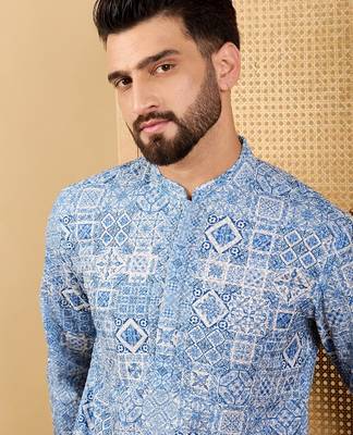 Men's blue viscose rayon geometric embroidered straight chikankari kurta 2
