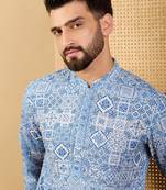 Men's blue viscose rayon geometric embroidered straight chikankari kurta