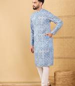 Men's blue viscose rayon geometric embroidered straight chikankari kurta