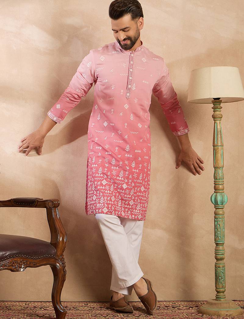Men pink silk blend ombre embroidered straight kurta sets