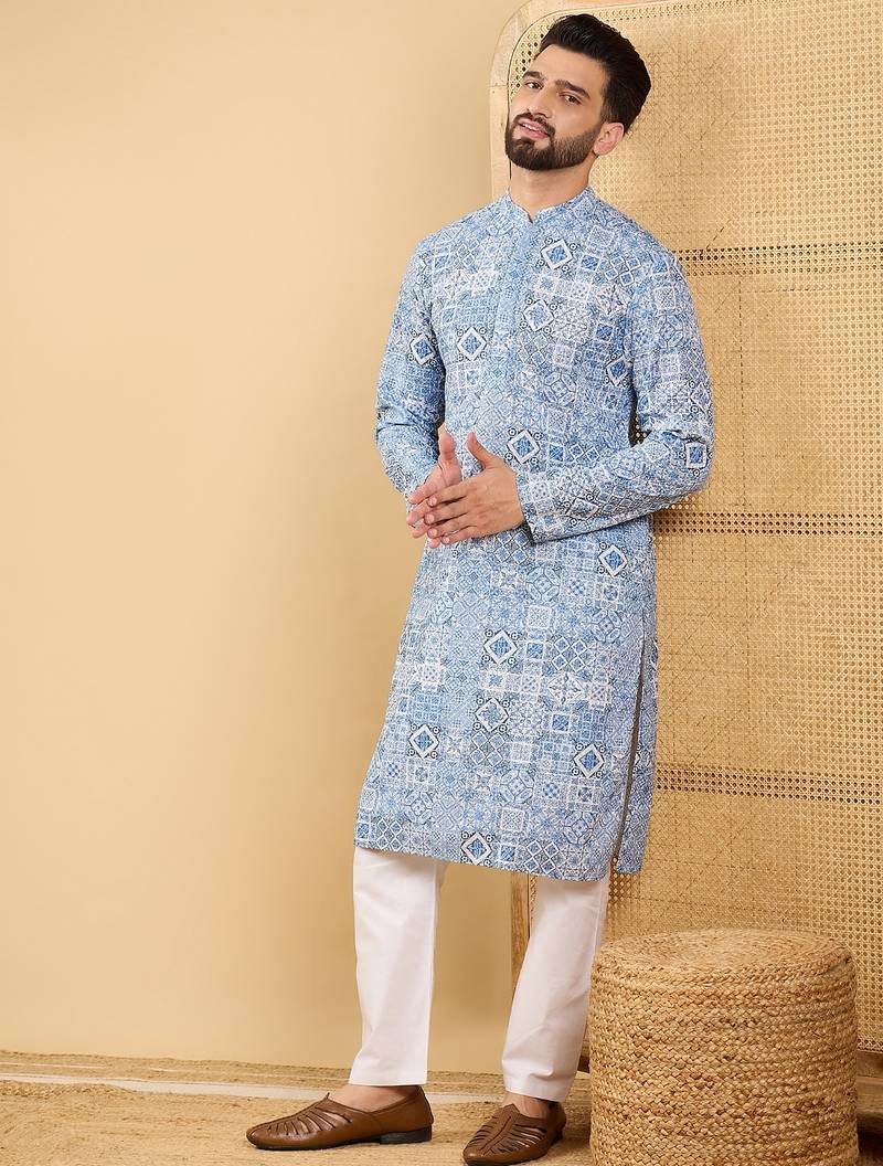 Men's blue viscose rayon geometric embroidered straight chikankari kurta