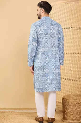 Men's blue viscose rayon geometric embroidered straight chikankari kurta