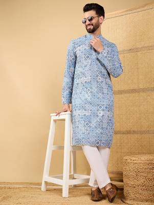 Men's blue viscose rayon geometric embroidered straight chikankari kurta 5