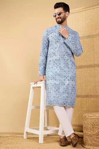 Men's blue viscose rayon geometric embroidered straight chikankari kurta