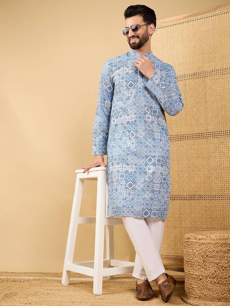 Men's blue viscose rayon geometric embroidered straight chikankari kurta