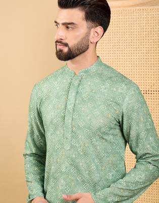 Men's green viscose rayon bandhani embroidered straight chikankari kurta 2
