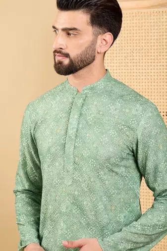 Men's green viscose rayon bandhani embroidered straight chikankari kurta