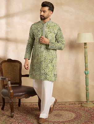 Men green viscose rayon batik embroidered straight kurta sets 3