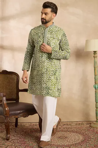 Men green viscose rayon batik embroidered straight kurta sets