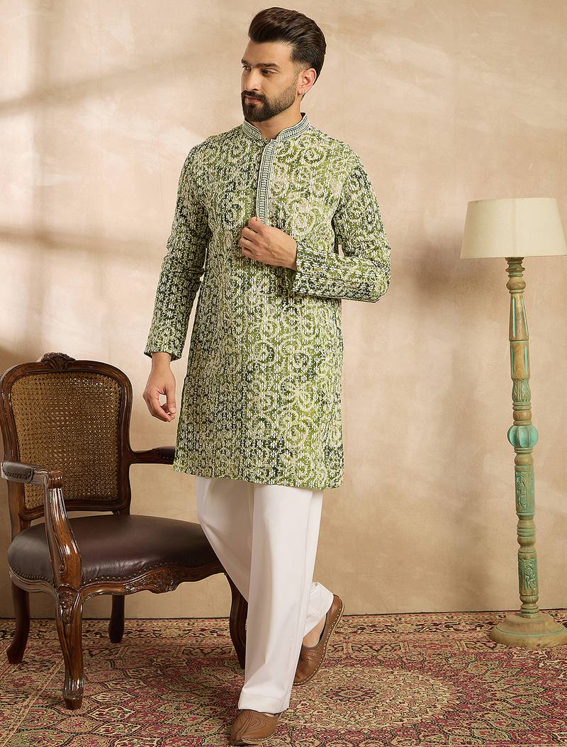 Men green viscose rayon batik embroidered straight kurta sets