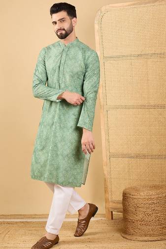 Men's green viscose rayon bandhani embroidered straight chikankari kurta