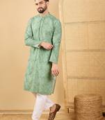 Men's green viscose rayon bandhani embroidered straight chikankari kurta