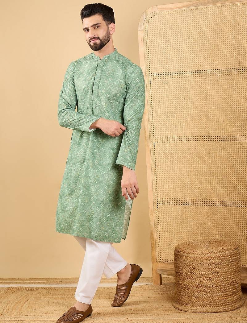 Men's green viscose rayon bandhani embroidered straight chikankari kurta