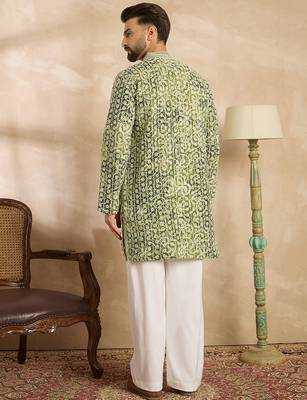 Men green viscose rayon batik embroidered straight kurta sets 4