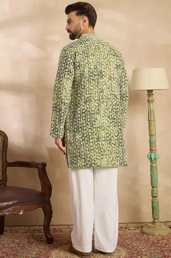 Men green viscose rayon batik embroidered straight kurta sets