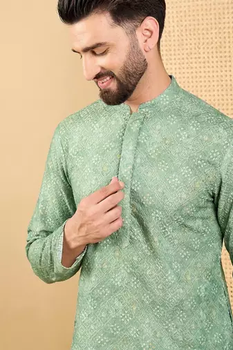 Men's green viscose rayon bandhani embroidered straight chikankari kurta