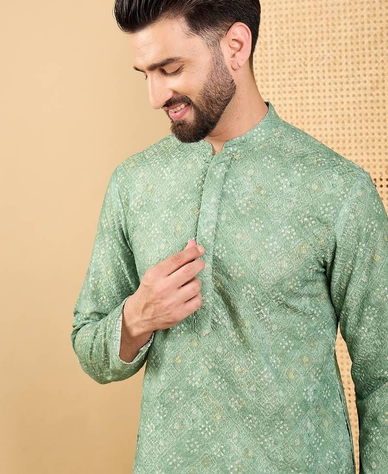 Men's green viscose rayon bandhani embroidered straight chikankari kurta
