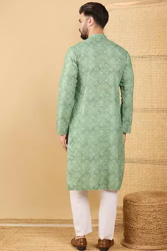 Men's green viscose rayon bandhani embroidered straight chikankari kurta
