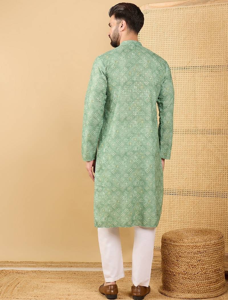 Men's green viscose rayon bandhani embroidered straight chikankari kurta