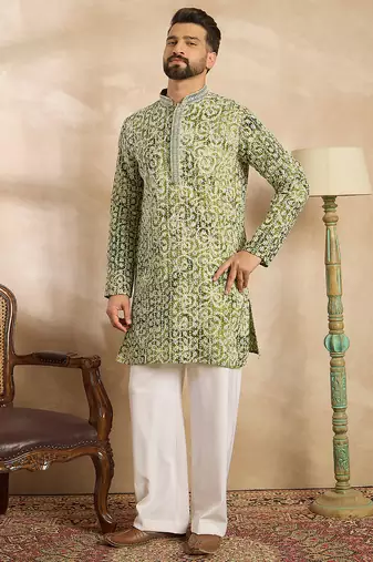 Men green viscose rayon batik embroidered straight kurta sets