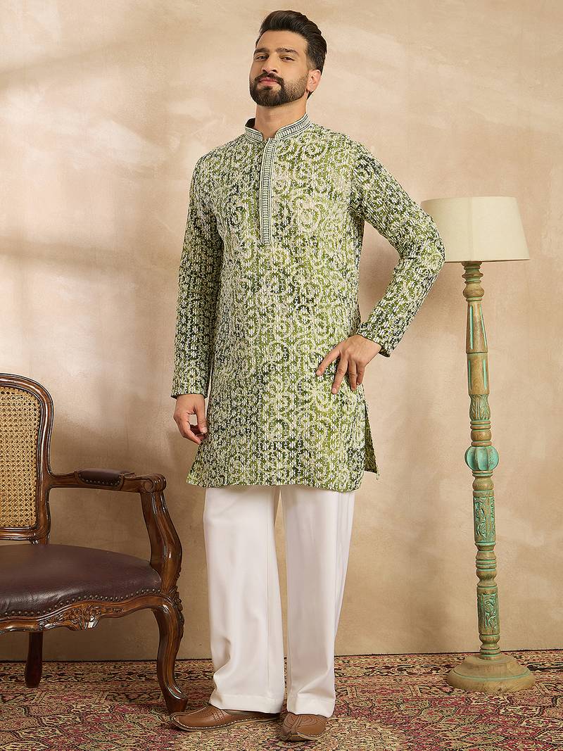 Men green viscose rayon batik embroidered straight kurta sets