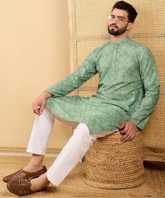 Men's green viscose rayon bandhani embroidered straight chikankari kurta 5
