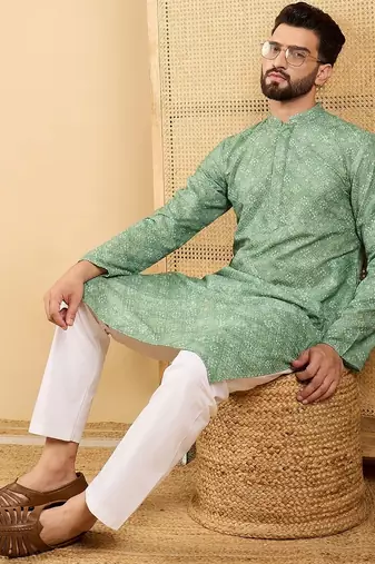 Men's green viscose rayon bandhani embroidered straight chikankari kurta