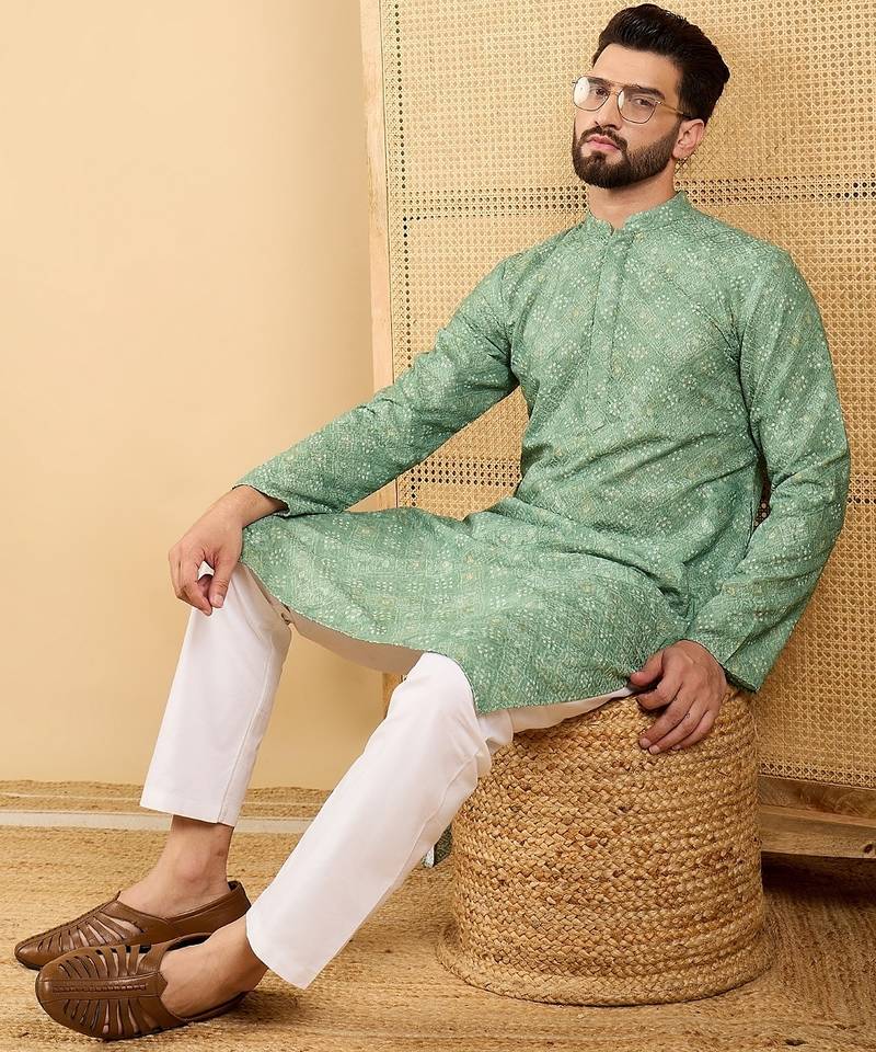 Men's green viscose rayon bandhani embroidered straight chikankari kurta