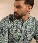 Men green viscose rayon batik embroidered straight kurta sets