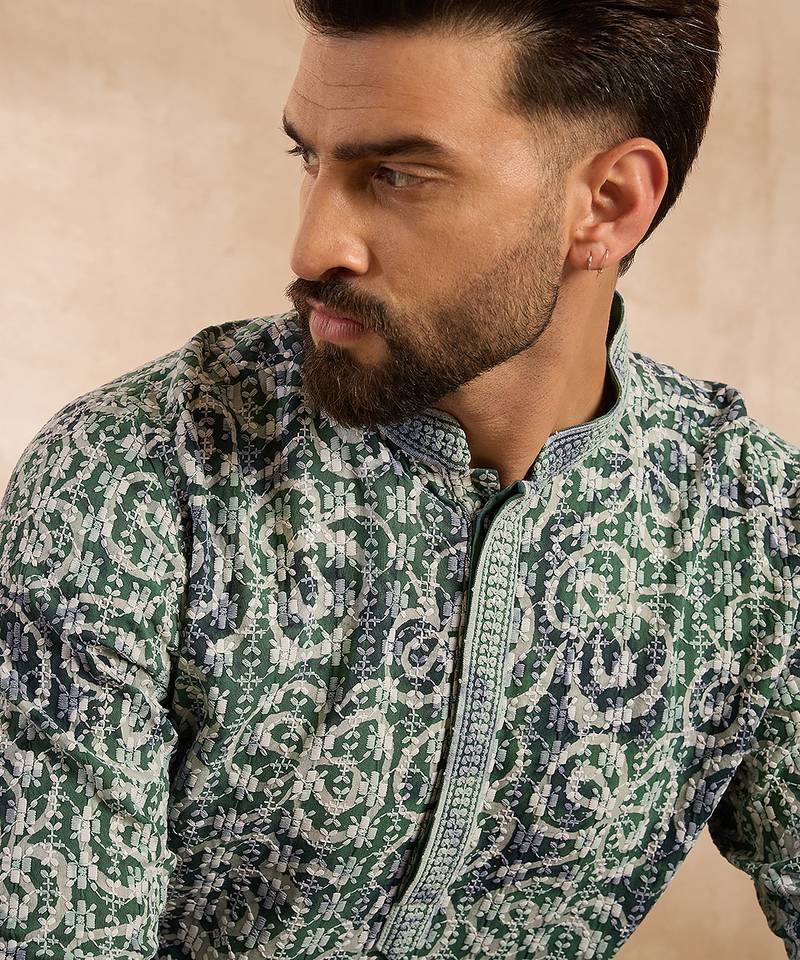 Men green viscose rayon batik embroidered straight kurta sets