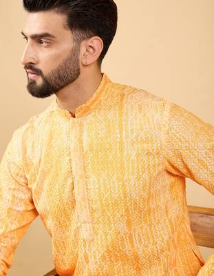 Men's yellow viscose rayon abstract embroidered straight chikankari kurta 2