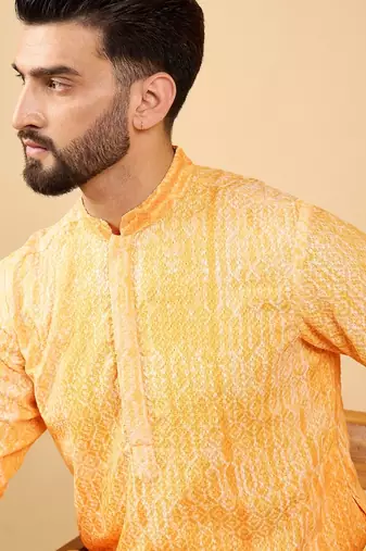 Men's yellow viscose rayon abstract embroidered straight chikankari kurta