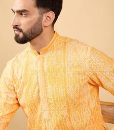 Men's yellow viscose rayon abstract embroidered straight chikankari kurta
