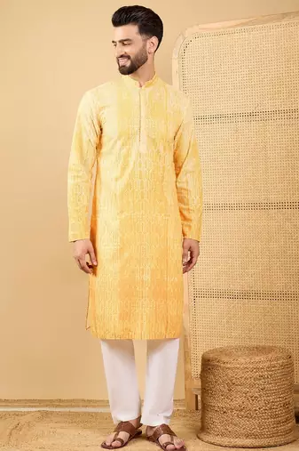 Men's yellow viscose rayon abstract embroidered straight chikankari kurta