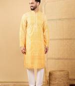 Men's yellow viscose rayon abstract embroidered straight chikankari kurta